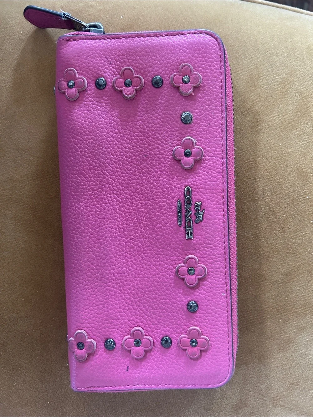 Coach Limited Edition Hot Pink Floral Stud Zip-Around Wallet